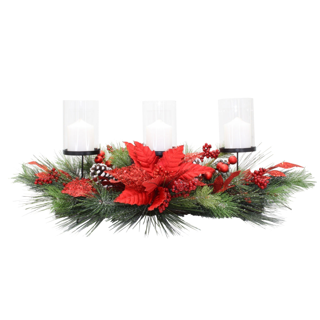Christmas Candle Holder 3 Lite Poinsettia Red