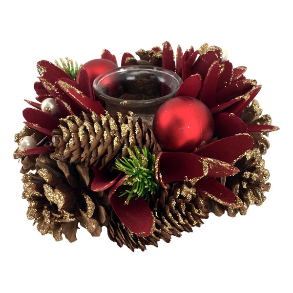 CANDLE HOLDER 1 RED WREATH NATURAL