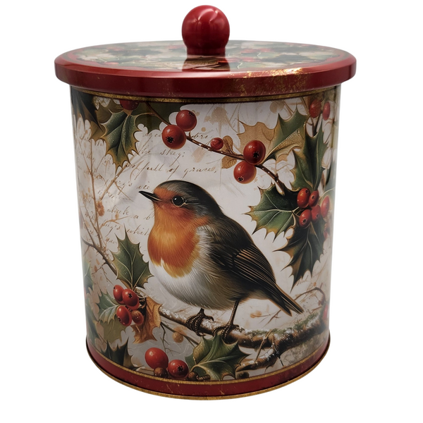 CHRISTMAS BARREL BISCUIT TIN ROBIN 