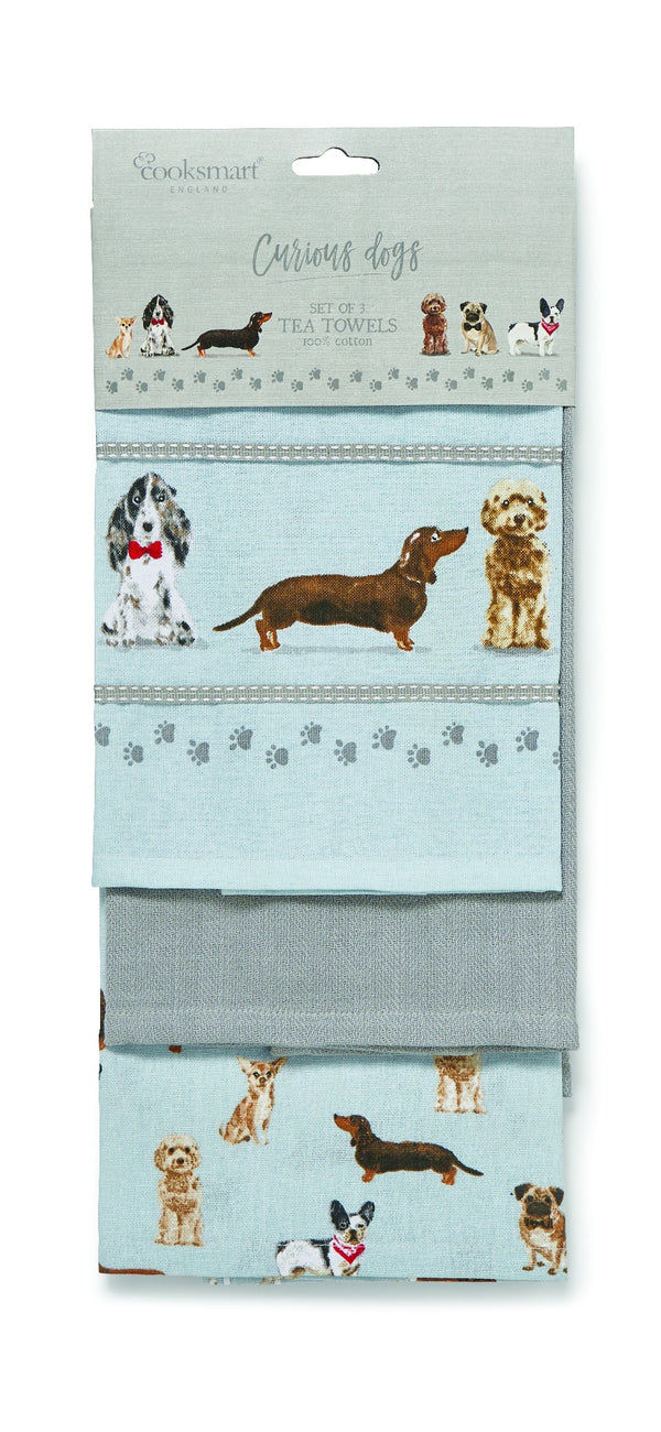 CURIOUS DOGS 3 PACK OF TEATOWELS 