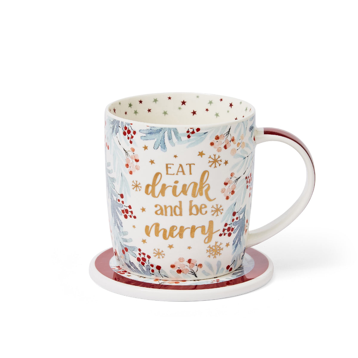 CHRISTMAS MUG - EAT DRINK & BE MERRY BARREL MUG AND COASTER SET 