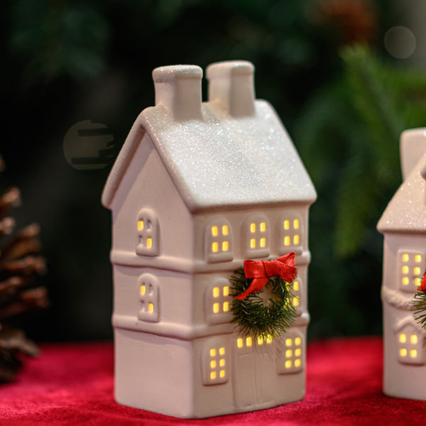 Christmas Cottage White Ceramic Led House Ornament L 