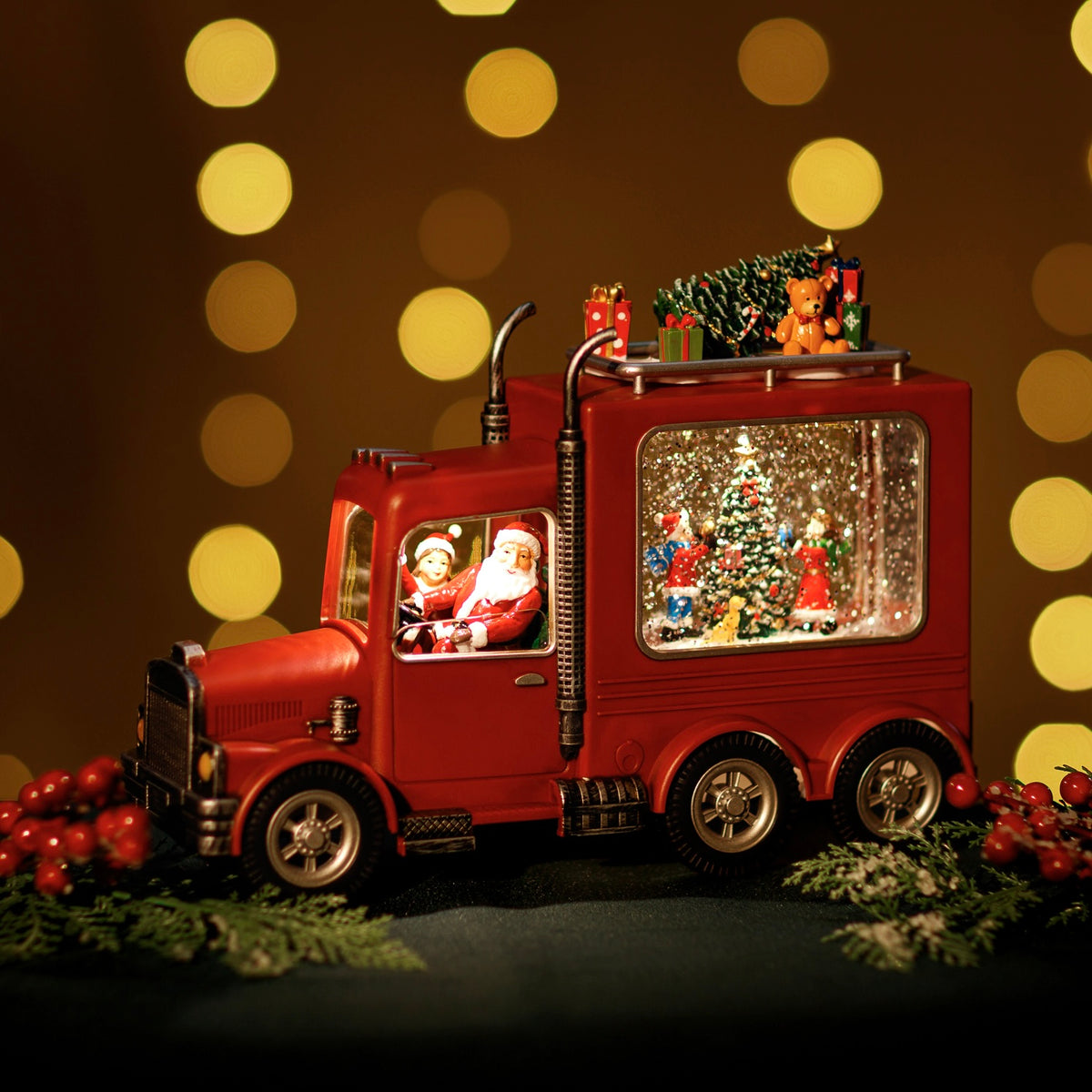 Lantern Snowing Truck With Santa And Xmas Tree