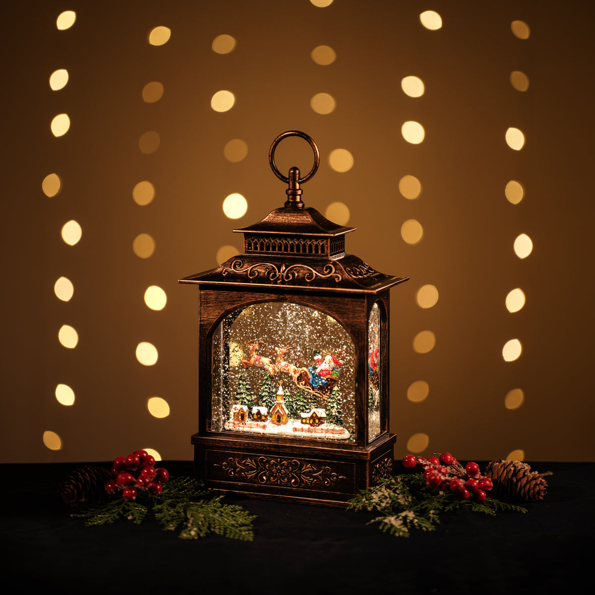 Lantern Snowing French With Santa Sleigh