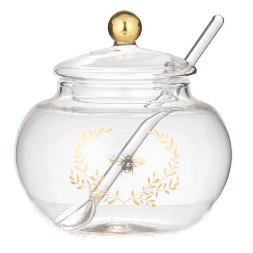 ELEGANT BEE GLASS SUGAR BOWL WITH SPOON