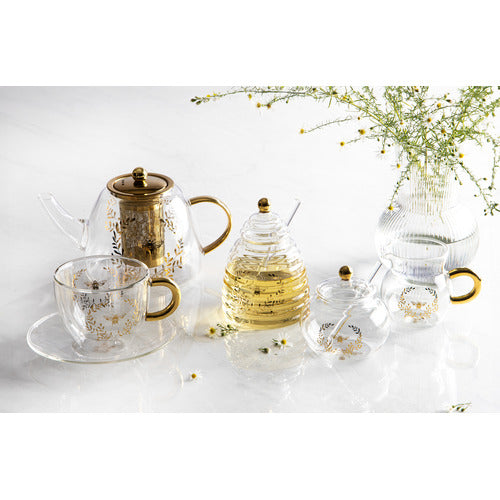 ELEGANT BEE GLASS SUGAR BOWL WITH SPOON