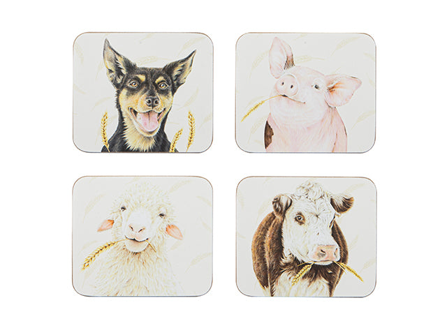 FARMYARD FACES ASSORTED 4PK COASTERS 