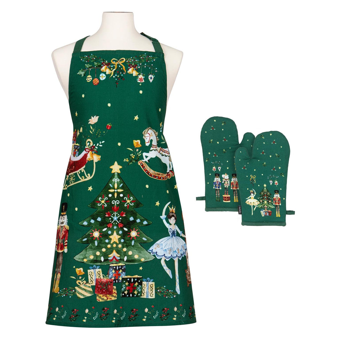 CHRISTMAS WONDERLAND GREEN APRON & OVEN MITT SET 