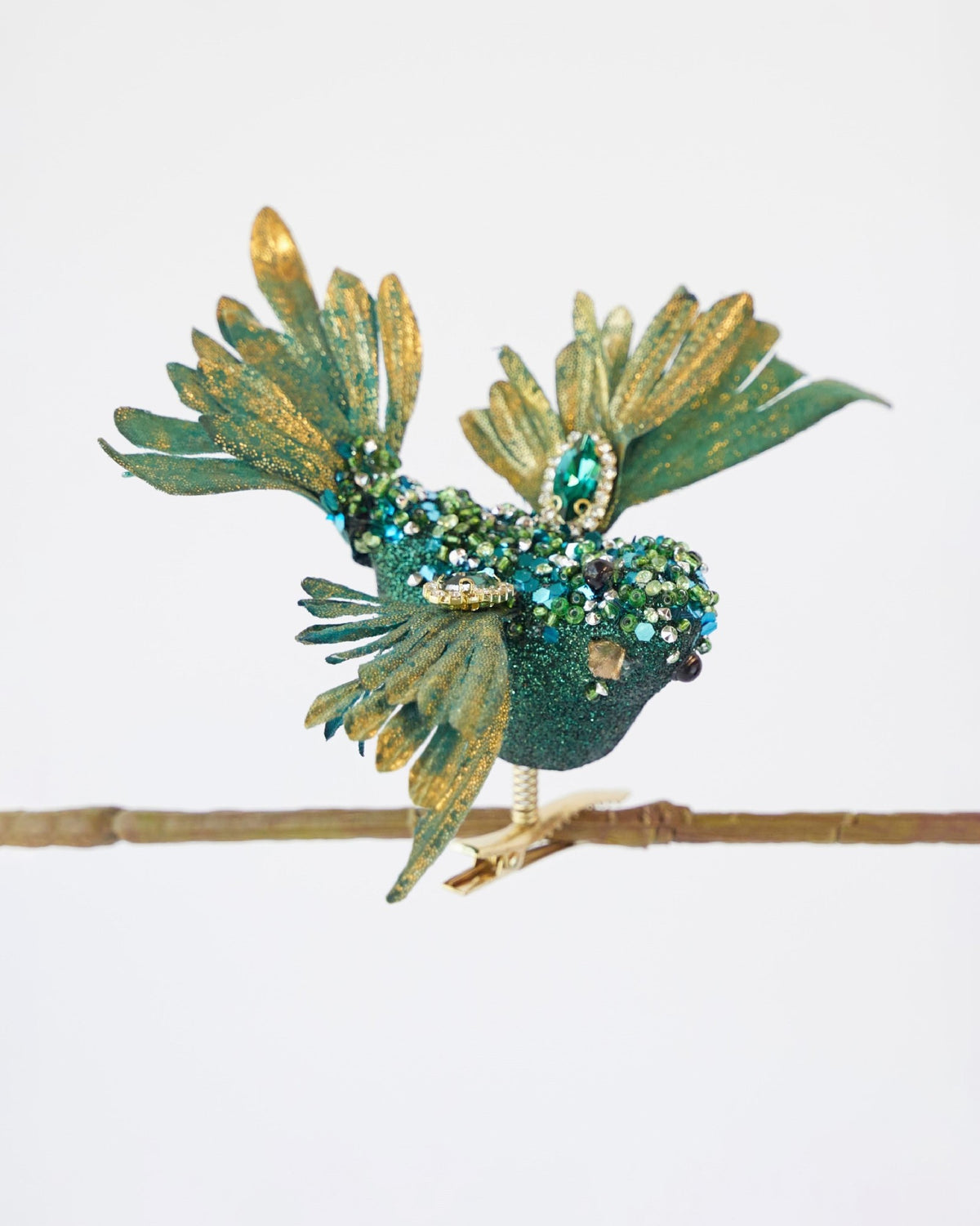 BIRD DECORATION GLITTER PEACOCK GREEN