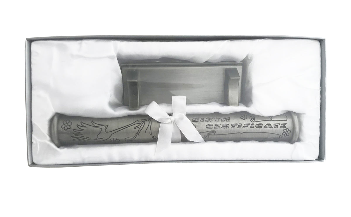 Birth Certificate Holder W Stand Pewter