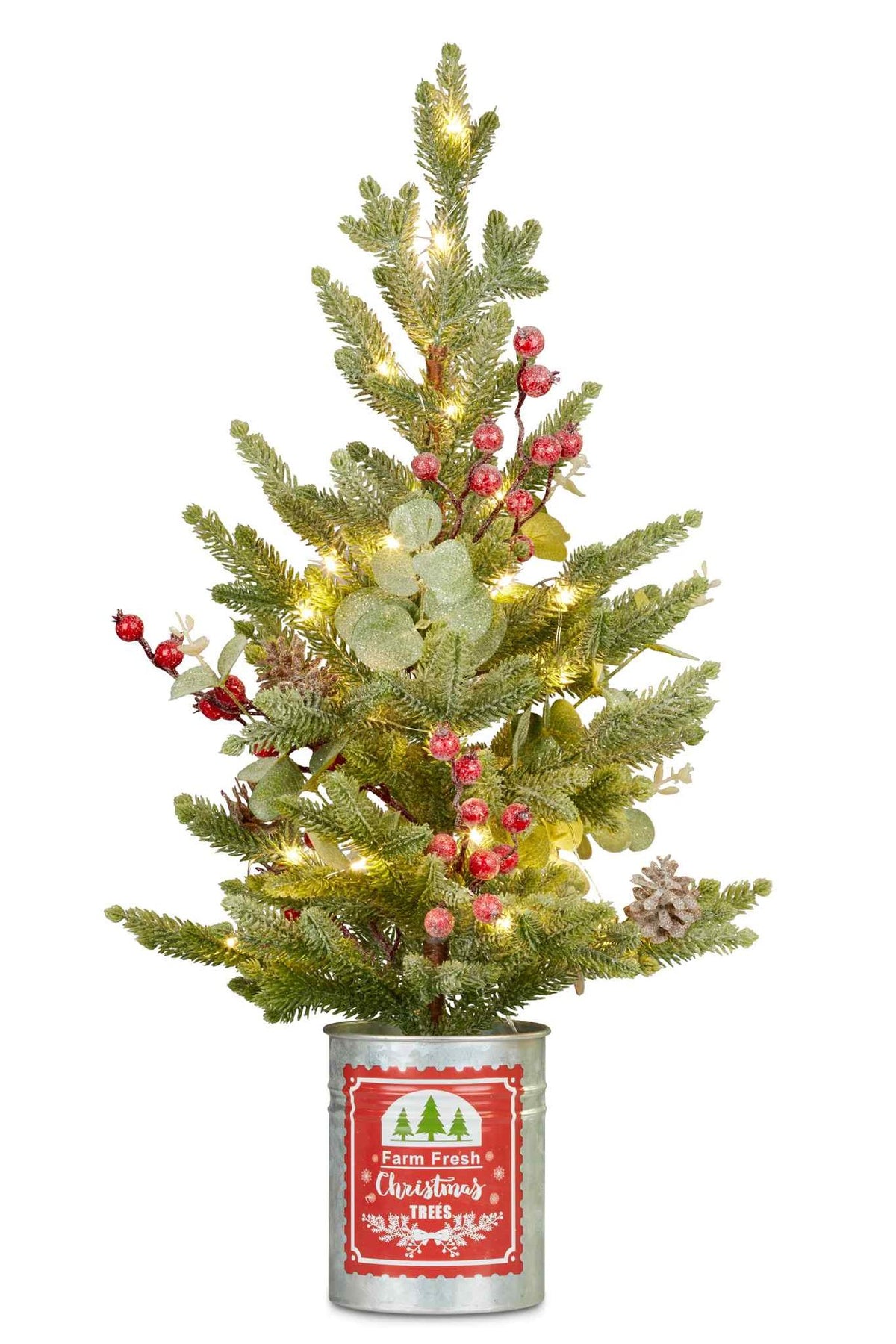CHRISTMAS TREE IN FARM FRESH TIN WITH LIGHTS 62CM 