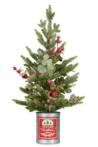 CHRISTMAS TREE IN FARM FRESH TIN WITH LIGHTS 62CM 