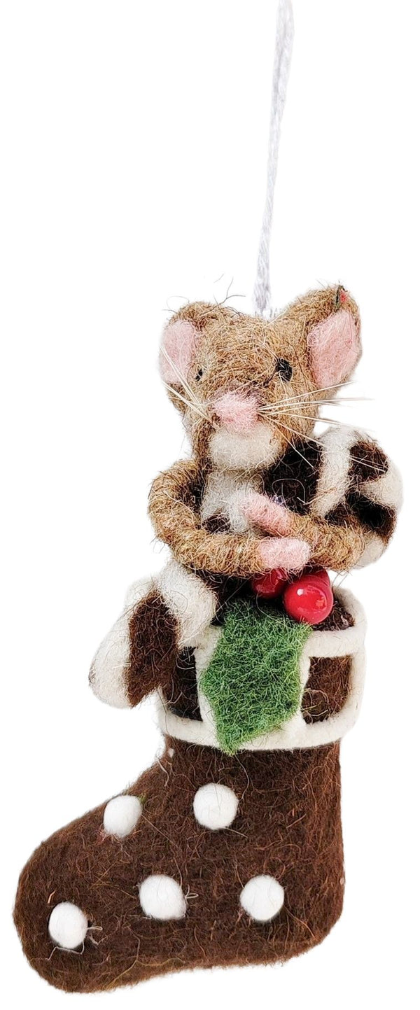 Decoration Mouse Feast In Stocking Brown & White 13cm 