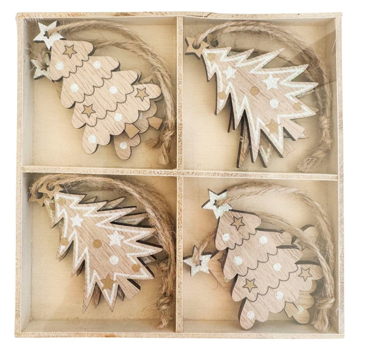 Decoration Tree Cutout Gift Box White & Natural 6cm Set Of 8