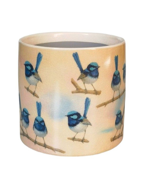 Blue Wren Planter - Blue & Yellow 14cm