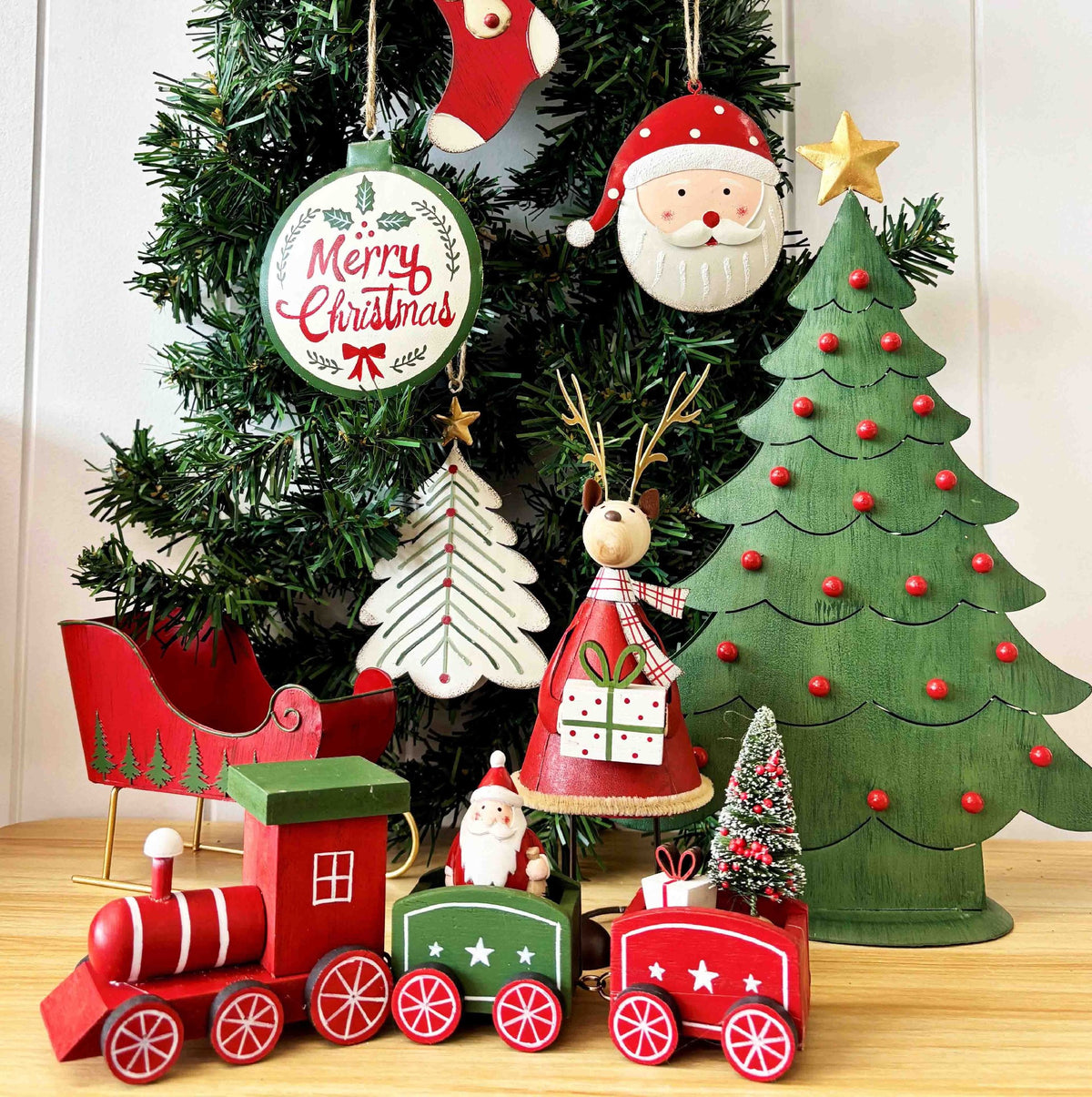 Tree With Star Metal Standing Decoration Red & Green 34cm